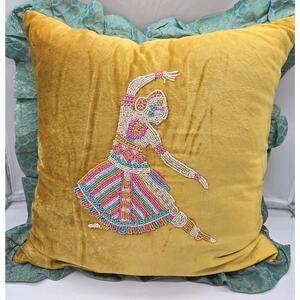 Tribal Indian Dancing Princess Queen Beaded Velvet Pillow 18x18" NEW! Global